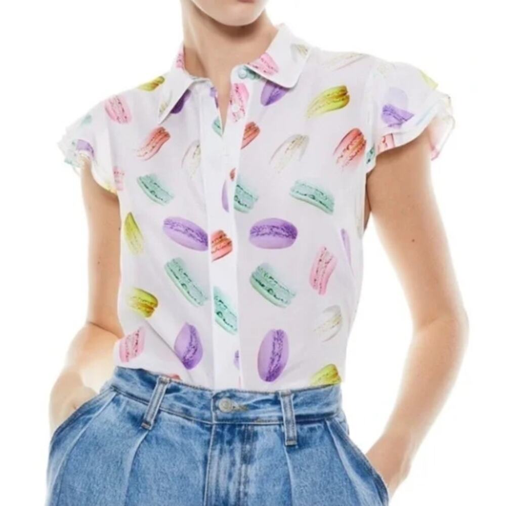 Alice + Olivia ELI FLUTTER SLEEVE BUTTON DOWN Silk Blouse Sunday Macaroons Small
